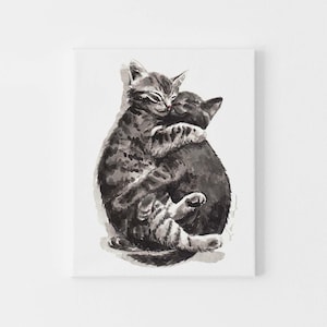 Kitty Hugs Art Print, Gray Cats Watercolor Painting, Tabby Cat Wall Decor, Cat Lover Gift, Animal Nursery Print, Friendship Art, Kitten Art image 3