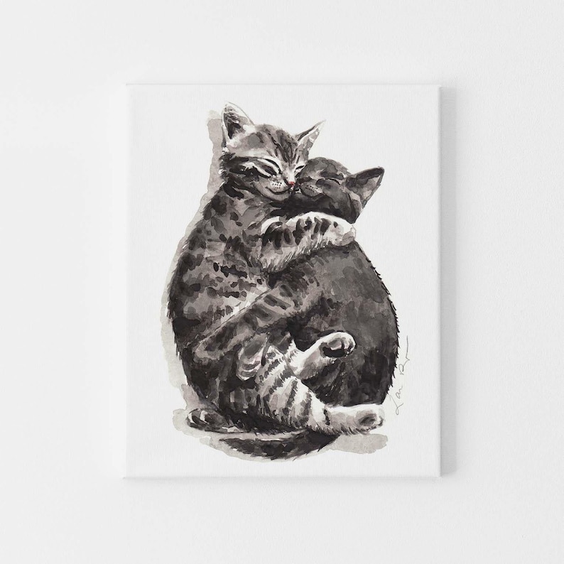 Kitty Hugs Art Print, Gray Cats Watercolor Painting, Tabby Cat Wall Decor, Cat Lover Gift, Animal Nursery Print, Friendship Art, Kitten Art image 3