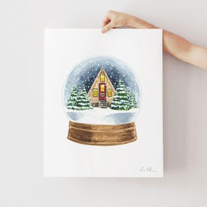 Winter Snowglobe Art Print, Christmas Cabin Watercolor Painting, Cozy Winter Decor, Scandinavian Snow Globe, Magical Holiday Night Scene zdjęcie 3