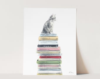 Bookstore Cat Art, Book Watercolor Illustration, Cat Lover Gift, Book Lover Gift, Kitten Art Print, Library Art Print, Bookshop Home Decor