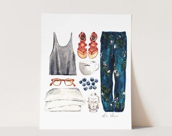 Summer Saturday Morning Art Print, Fashion Watercolor, Casual Fashion Illustration, Bohemian Collage Painting, Boho Style Home Decor