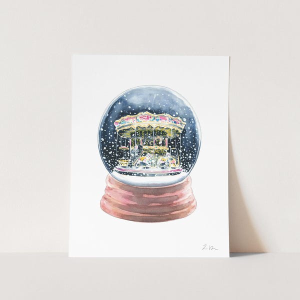 Paris Carousel Snow Globe Art Print, Christmas Wall Decor, Whimsical Snowglobe Illustration, Paris Keepsake Gift, Paris Travel Gift