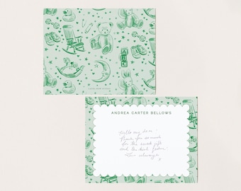 Green Baby Nursery Stationery Set, Custom Baby Shower Notecard Set, Personalized Thank You Cards, Luxury Baptism Gift, Baby Name Gift