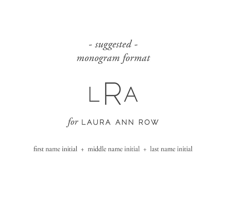 K&ouml;nnte beinhalten: Eine grafische Darstellung eines vorgeschlagenen Monogrammformats mit den Buchstaben LRA in einer dunkelgrauen serifenlosen Schrift. Unter den Buchstaben steht der Text for LAURA ANN ROW, gefolgt von der Erkl&auml;rung first name initial + middle name initial + last name initial.