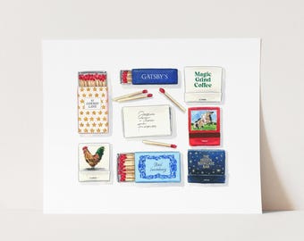 Preppy Matchbooks Art Print, Custom Matches Print, Personalized Watercolor Decor, Paper Anniversary Painting, Romantic Engagement Gift