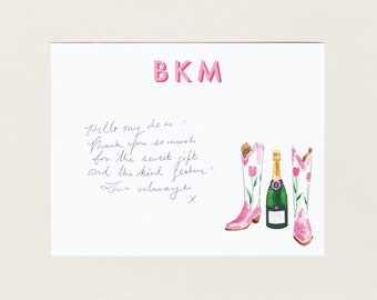 Pink Champagne & Cowboy Boots Stationery, Southern Bridal Shower Gift, Custom Bridesmaid Gift, Preppy Notecards, Bespoke Luxury Stationery