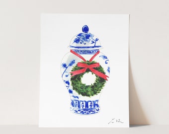 Art Print Festive Chinoiserie Ginger Jar with Wreath - Holiday Decor - Southern Style Christmas - Blue and White Christmas Gift for Her