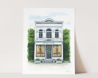 Custom Bookshop Art Print, Preppy Bookstore Watercolor, Personalized Childrens Art, Nursery Book Decor, Book Lover Gift, Cute Apartment Art