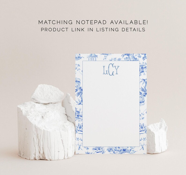 Light Blue Chinoiserie Toile Monogram Stationery, Personalized Notecard Set, Southern Stationery Suite, Custom Preppy Monogrammed Gift image 9