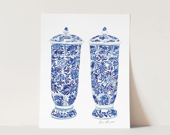 Art Print Blue and White Ginger Jar Vase Pair - Lidded Ginger Jar Art, Chinoiserie Art, Watercolor Painting, Preppy Art, Palm Beach Style