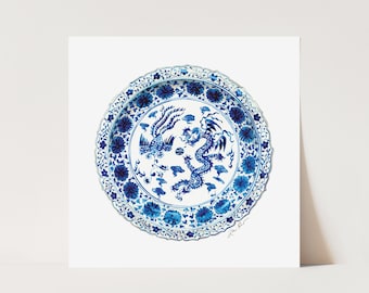 Art Print Blue and White Plate No. 9 - Preppy Wall Decor, Chinoiserie Chic Art, Watercolor Painting, Grandmillennial Art, Palm Beach Style