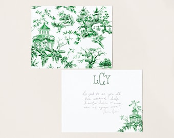 Green Chinoiserie Toile Notecards, Preppy Monogram Stationery, Personalized Note Cards, Elegant Custom Family Stationery, Grandmillennial