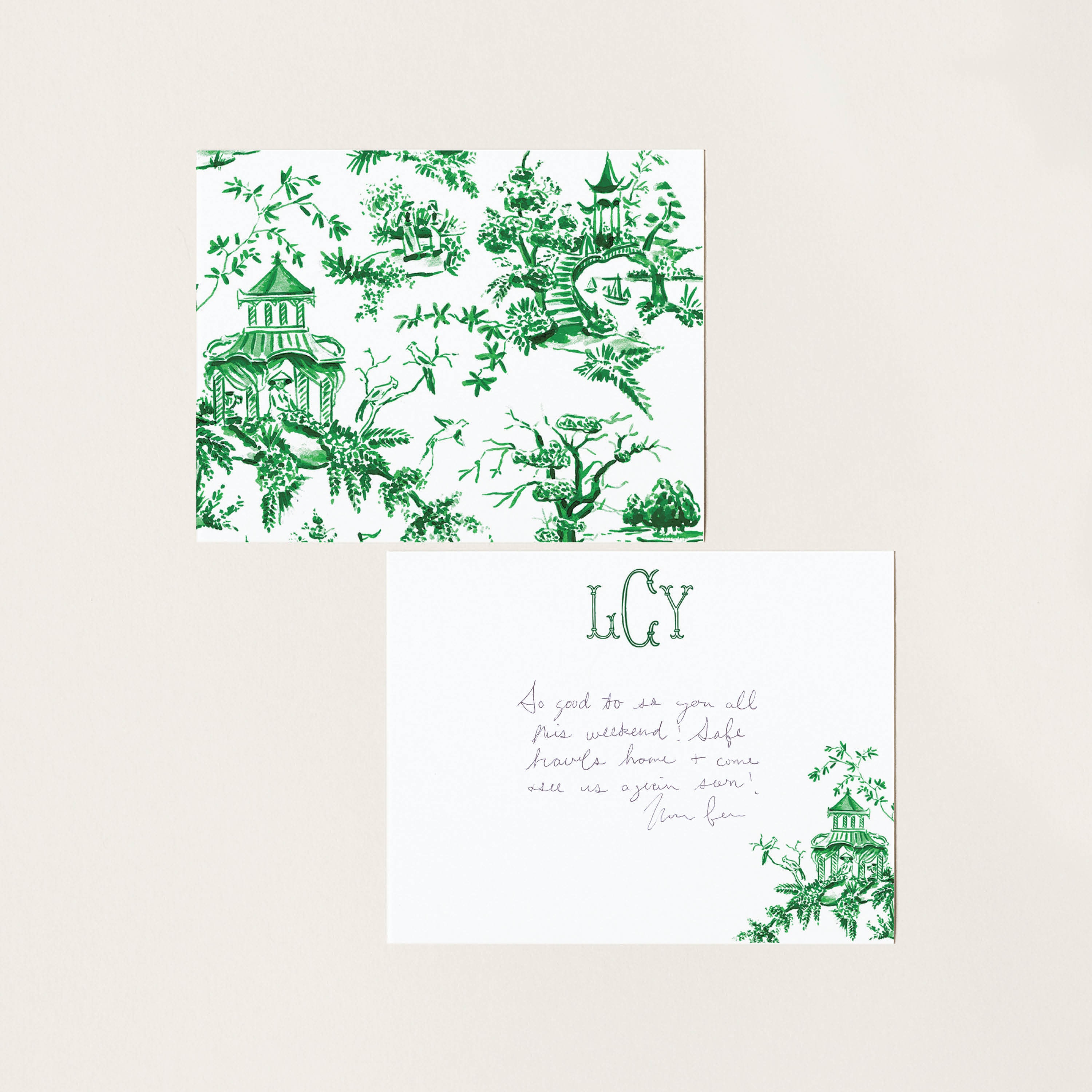 Green Stripes and tea Cups Boxed Note Cards