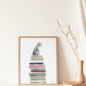 Bookstore Cat Art, Book Watercolor Illustration, Cat Lover Gift, Book Lover Gift, Kitten Art Print, Library Art Print, Bookshop Home Decor image 5