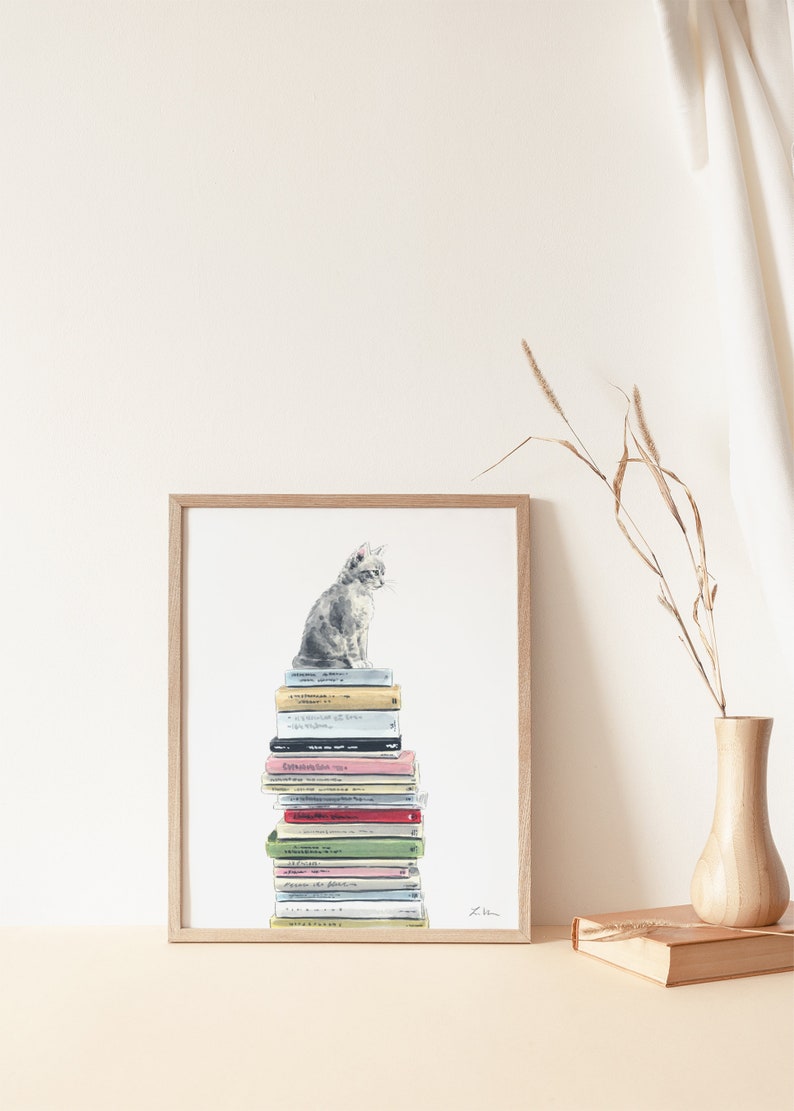 Bookstore Cat Art, Book Watercolor Illustration, Cat Lover Gift, Book Lover Gift, Kitten Art Print, Library Art Print, Bookshop Home Decor image 5