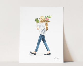 Bookish Girl Art Print, Springtime Fashion Illustration Watercolor Painting, Bookshelf Home Decor, Whimsical Reading, Book Lover Girl Gift