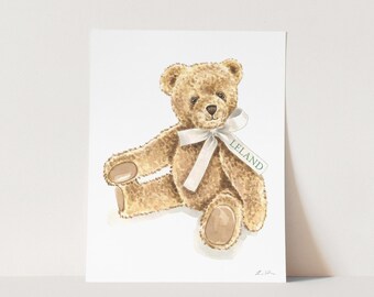 Custom Teddy Bear Art Print No. 2, Personalized Nursery Artwork, New Baby Gift, Baby Shower Gift, Grandmillennial, Traditional Christening
