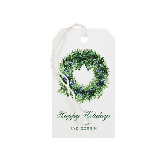 Custom Christmas Gift Tags, Holiday Wreath Watercolor Tags, Chic Holiday Wrapping, Personalized Preppy Gift Wrap, Festive Hostess Gift