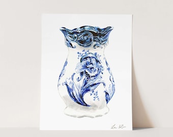 Impression d'art aquarelle vase bleu de Delft, peinture bleu et blanc Chine, décor de chinoiseries preppy vintage, maison du sud, art d'appartement mignon