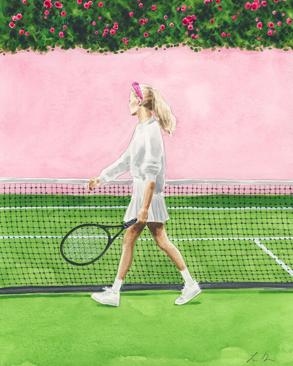 Art Print Tennis Girl Pink And Green Preppy Sporty Fashion Etsy