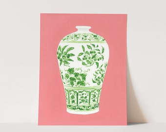 Green Ginger Jar on Coral Pink No. 1 Art Print, Chinoiserie Watercolor, Palm Beach Style Painting, Southern Preppy Wall Decor, Sorority Art