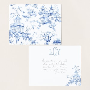Light Blue Chinoiserie Toile Monogram Stationery, Personalized Notecard Set, Southern Stationery Suite, Custom Preppy Monogrammed Gift image 1