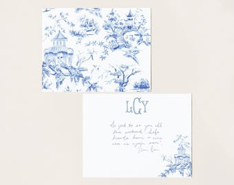 Light Blue Chinoiserie Toile Monogram Stationery, Personalized Notecard Set, Southern Stationery Suite, Custom Preppy Monogrammed Gift