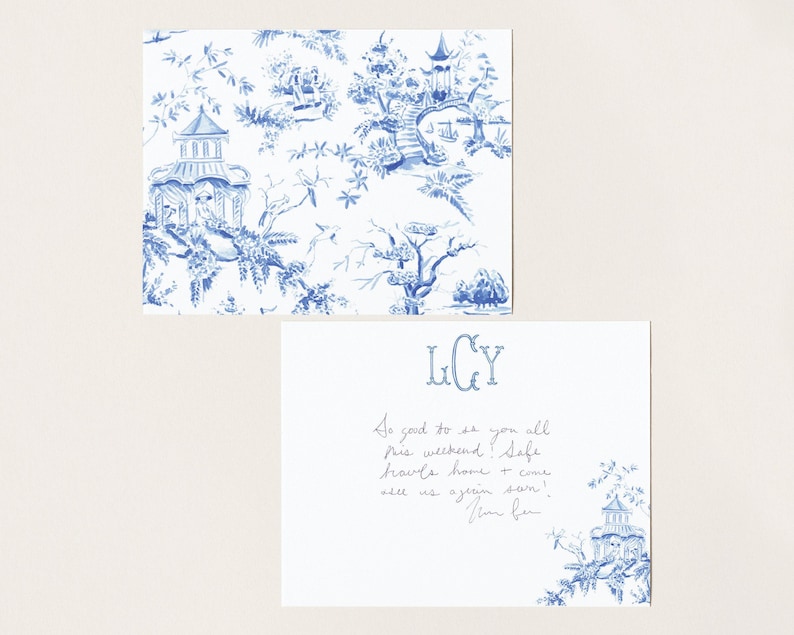 Light Blue Chinoiserie Toile Monogram Stationery, Personalized Notecard Set, Southern Stationery Suite, Custom Preppy Monogrammed Gift image 1