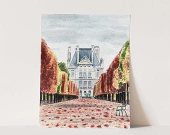 Autumn in Paris Art Print, Tuileries Gardens Palace, Fall Watercolor Home Decor, Paris Architecture Painting, Whimsical Apartment Wall Art