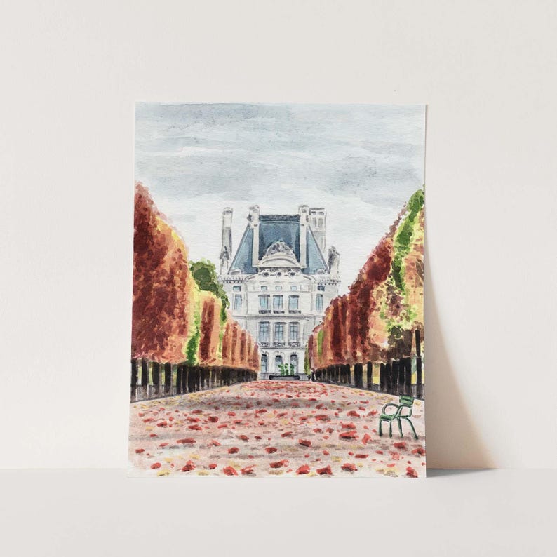 Autumn in Paris Art Print, Tuileries Gardens Palace, Fall Watercolor Home Decor, Paris Architecture Painting, Whimsical Apartment Wall Art image 1