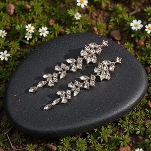 May include: A pair of silver-toned, dangling earrings with clear, sparkling crystals arranged in a leaf-like design. The earrings are displayed on a black, oval-shaped surface, surrounded by green foliage and small white flowers.