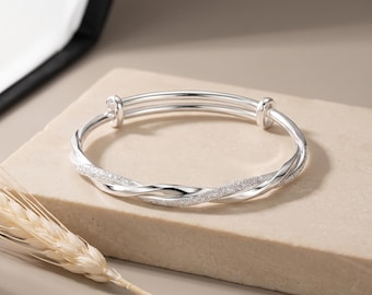 Sterling Silver Twisted Bangle | Hammered Silver Bangle Bracelet | Adjustable Two Strand Woven Bangle | Mobius Bracelet | 925 Silver