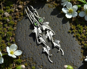 Ivy Leaf Earrings, Silver Tone Dangles, Cottagecore Jewelry, Forest Inspired, Crystal Accent