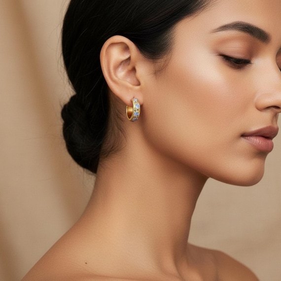 Floral Gold Hoops – Enamel Flower Hoop Earrings, Vintage Inspired Design