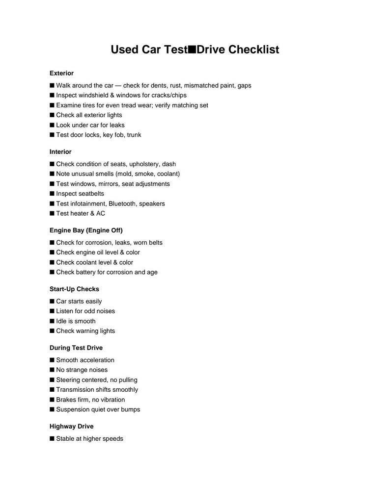 Used Car Test Drive Checklist.pdf Used Car Test Drive Checklist - Etsy