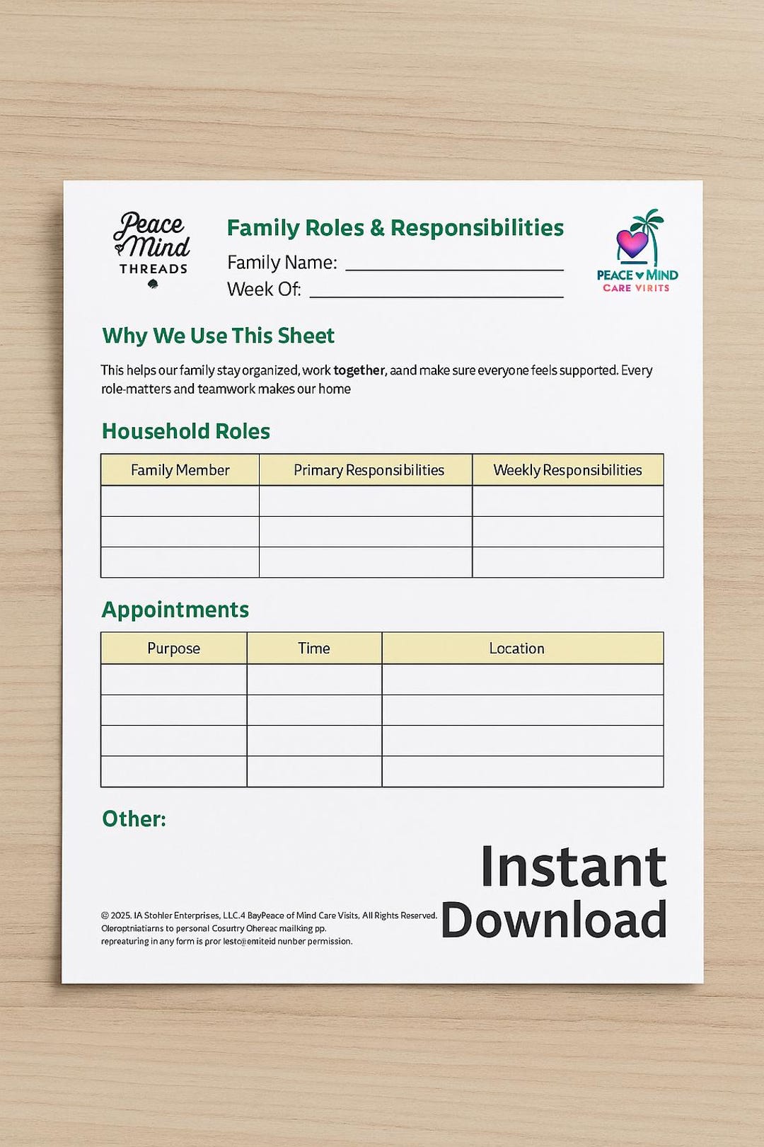 Family Roles Chart Printable | Household Planner (instant Download) - Etsy