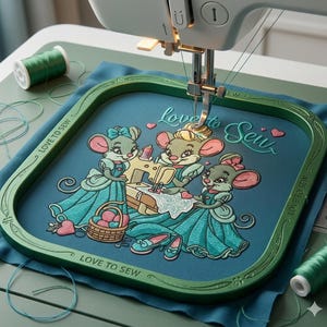 May include: A teal embroidery hoop with the text "Love to Sew" surrounds an embroidered design of three mice sewing. The mice are wearing dresses and working on a sewing machine. A sewing machine and spools of green thread are also visible.