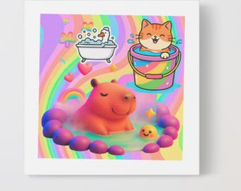 Capybara, Silly goose and Kitty Rainbow Bath Cartoon Matte Canvas