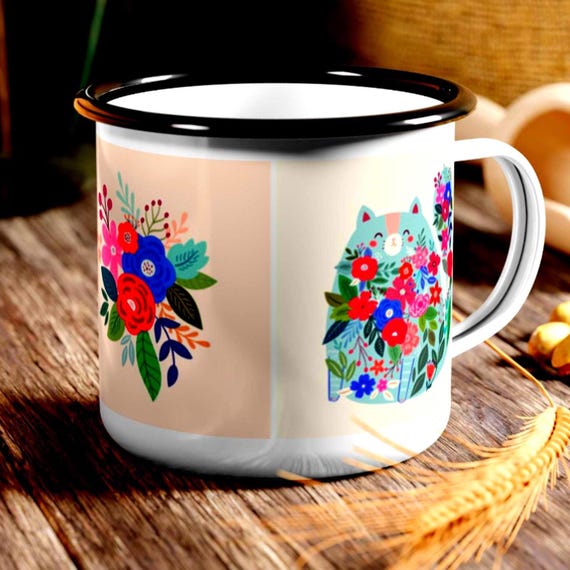 Floral Cat Enamel Camp Cup: Pastel Wildflower Camping Mug