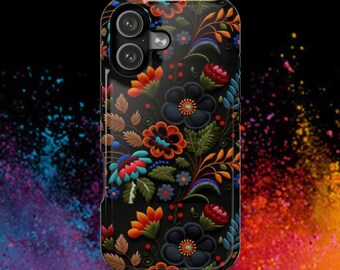 Telefoonhoesje met folkloristisch bloemengeborduurd patroon | Magnetische slagvaste hoes