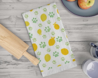 Lemon Paw Pattern Tea Towel | Citrus paw print kitchen linen