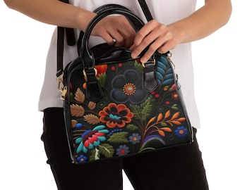 Folk Faux Embroidered Floral Pattern Shoulder Handbag | Colorful Flower Tote