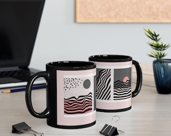 Zon over zee zwarte mok | Grafische mok oceaanzonsopgang