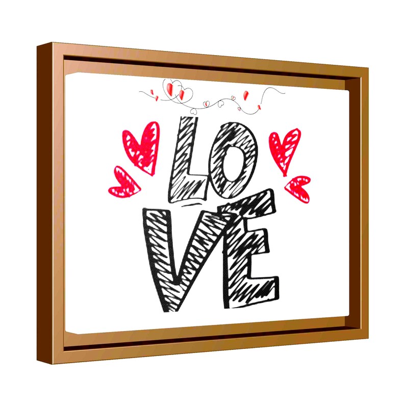 以下が含まれることがあります： 黒い落書き文字で「LOVE」と書かれた額入りのキャンバスプリント。赤いハートと装飾的な線が白い背景を飾っています。フレームは温かみのあるゴールド色です。