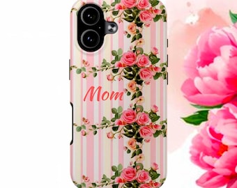 Gepersonaliseerde stoer telefoonhoesje met retro roze strepen bloemenpatroon | Vintage bloemendoosje