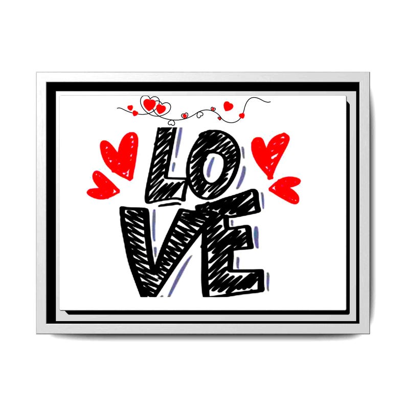 以下が含まれることがあります： 手書き風の黒い文字で「LOVE」と書かれた額入りのアートワーク。赤いハートとハートの装飾的なつるが単語を囲んでいます。白い背景です。