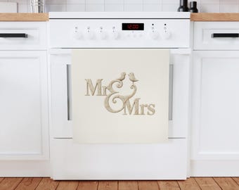 Strofinaccio da cucina con scritta "Mr & Mrs" e uccelli / Decorazione rustica per matrimoni