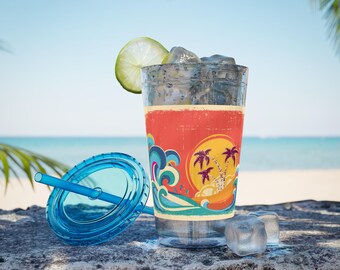 Retro Beach Sunset Waves Tumbler | 16oz Straw Cup
