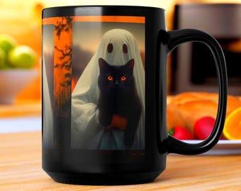 Tasse mit Geist und schwarzer Katze | Gruseliges Halloween-Motiv, 440 ml schwarze Keramik