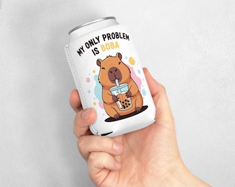 Capybara Boba Can Cooler Sleeve | Neoprene Drink Holder, Pastel Bubbles Design